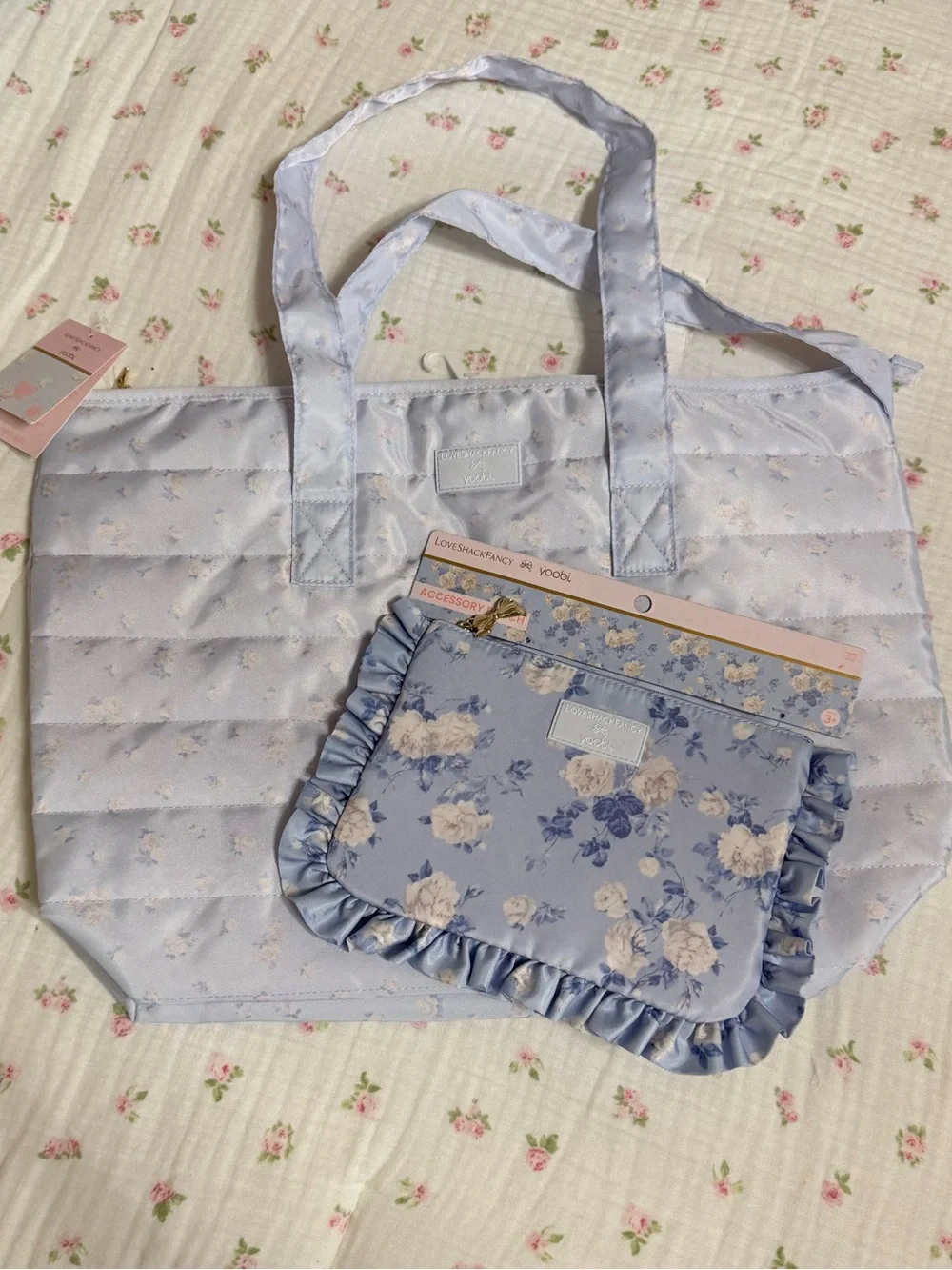 NWT LoveShackFancy x Target Light Blue Floral Quilted Tote & Ruffle Pouch
